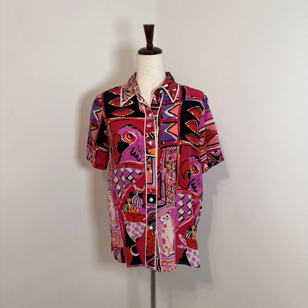 Vintage 90s Bob Mackie Wearable Art Colorful Parrot Bird 100% Silk Shirt Sz S